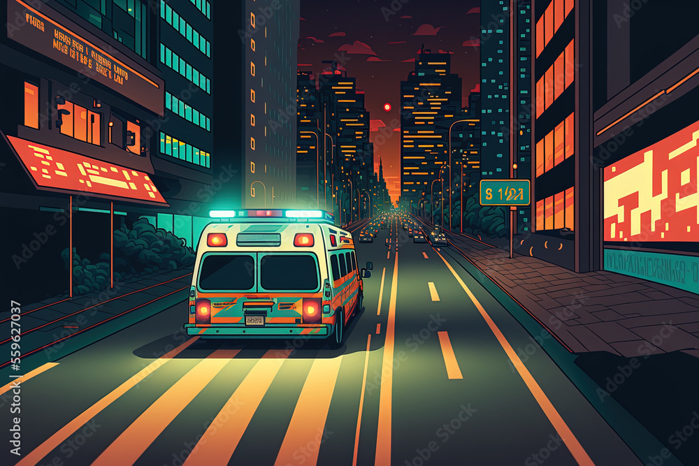 A medical emergency vehicle with signals is traveling down a city street with no buildings in sight. Generative AI