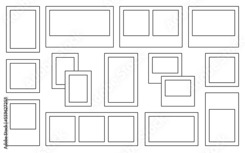 Photo frame blank template border black line set. Design collage scrapbook color drawing sticker planner mood board blank white many shape social media portfolio picture editor coloring kid isolated