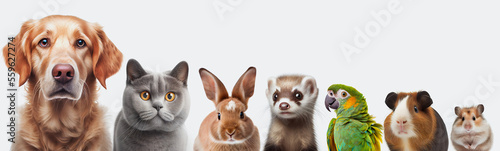 Group of pets on white background. Generative AI
