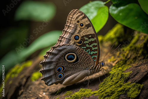 Owl butterfly in side view on a rock. Generative AI