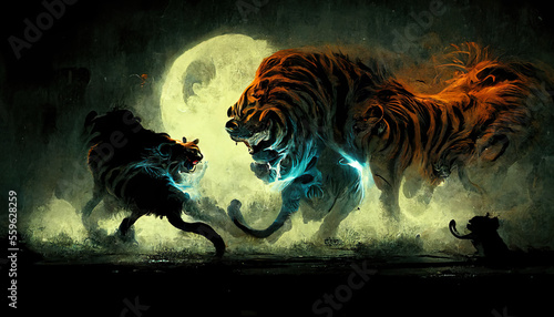 Night predator in the form of a lion with the body of a tiger, Wild Abstract Image