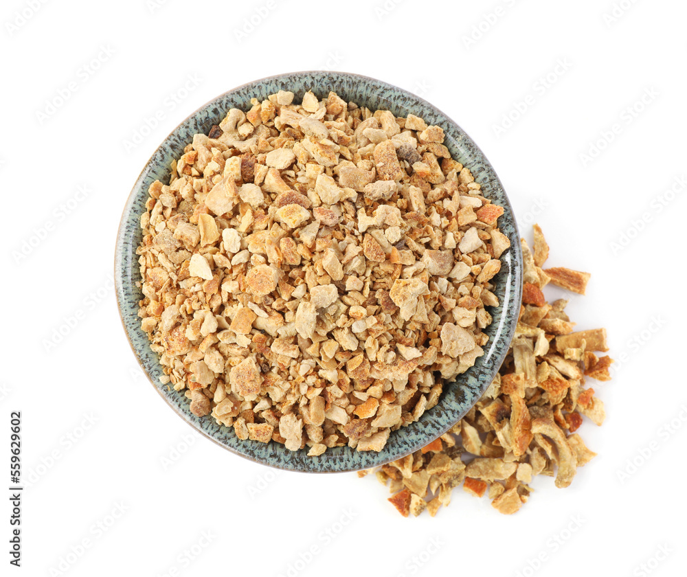 Bowl of dried orange zest seasoning isolated on white, top view Bowl of dried orange zest seasoning isolated on white, top view