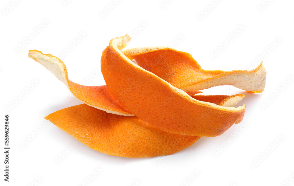 Fototapeta premium Pile of dry orange peels on white background