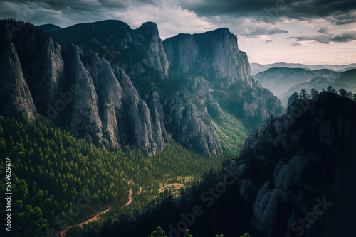 Tela Velvet green mountains with a forest and gray high cliffs set against a cloudy sky make up the mountainous environment