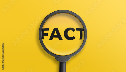 Magnifying Glass over the word Fact on yellow background. 3D illustration.