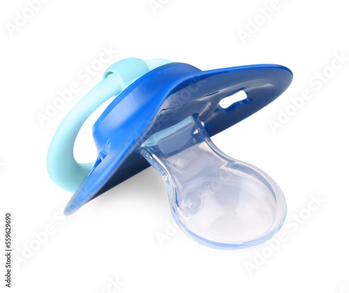 One blue baby pacifier isolated on white