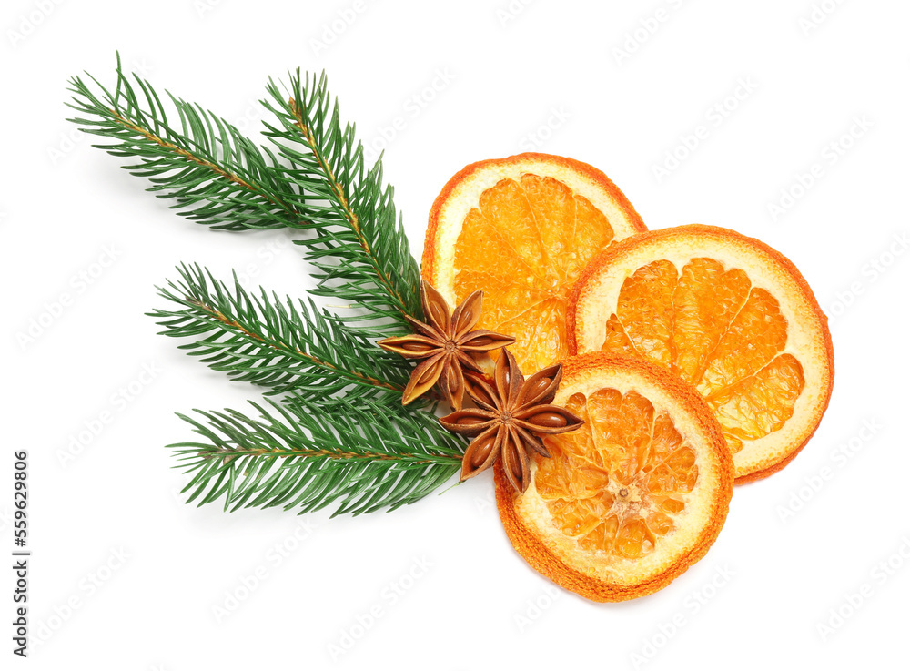 Dry orange slices, fir branches and anise stars isolated on white, top view Dry orange slices, fir branches and anise stars isolated on white, top view