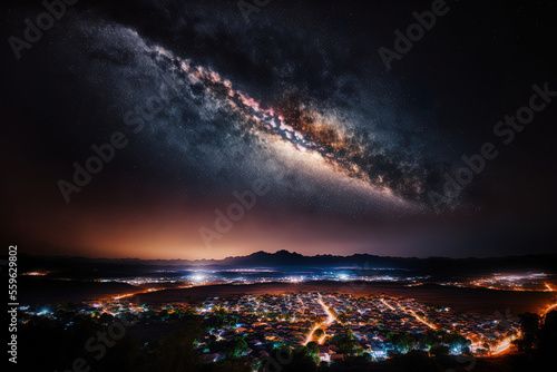 View of the Milky Way galaxy and city lights from Thailand s Phutabberk Phetchabun. grainy long exposure picture. Generative AI