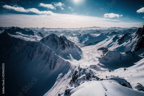 aerial picture of Austria's snowy Alps seen from a mountain's summit. Generative AI © 2rogan