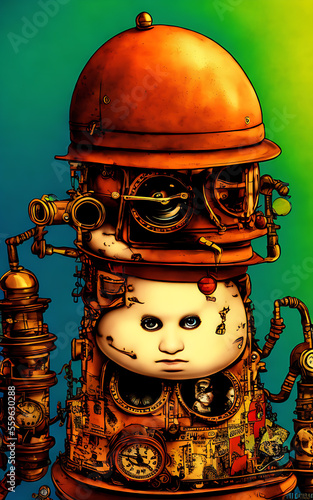 Generative AI poster/background image of highly intricate and detailed vivid, high contrast steampunk/clockpunk retro machine and machinery mashed with large humpty dumbty faces! photo