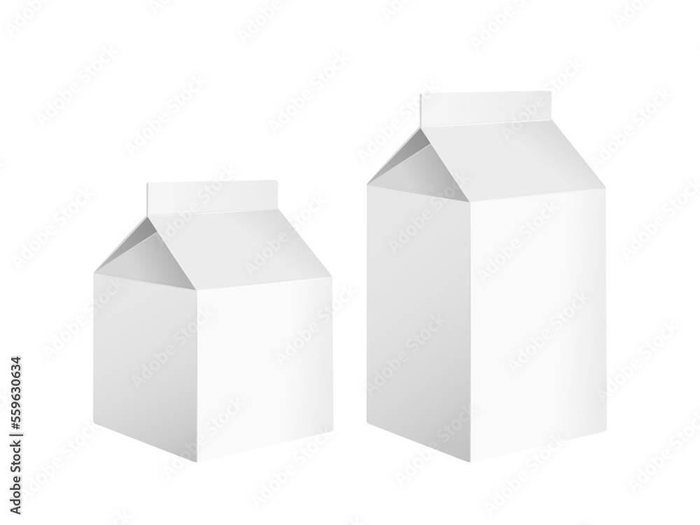 Karton na mleko, sok, napój roślinny lub inny. Białe kartonowe opakowanie w dwóch rozmiarach. Wzór pudełka do wykorzystania w wizualizacji projektu. - obrazy, fototapety, plakaty 
