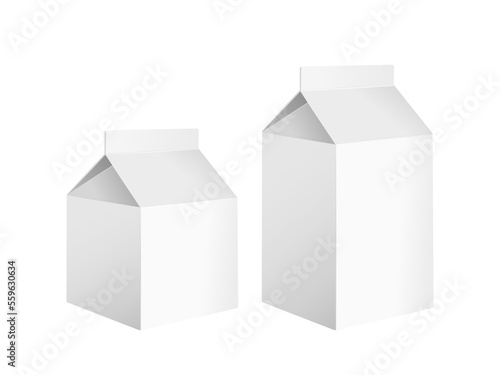 Karton na mleko, sok, napój roślinny lub inny. Białe kartonowe opakowanie w dwóch rozmiarach. Wzór pudełka do wykorzystania w wizualizacji projektu.