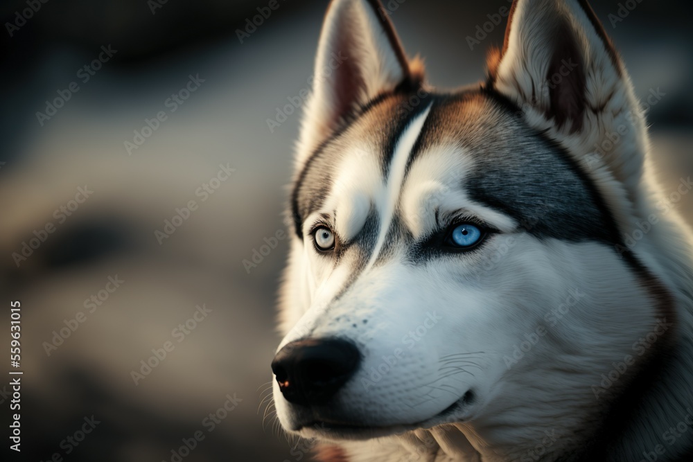 Siberian Husky portrait in the afternoon at the park. Focused and alert look. Beautiful blue eyes. Siberian Husky portrait in the afternoon at the park. Focused and alert look. Beautiful blue eyes.