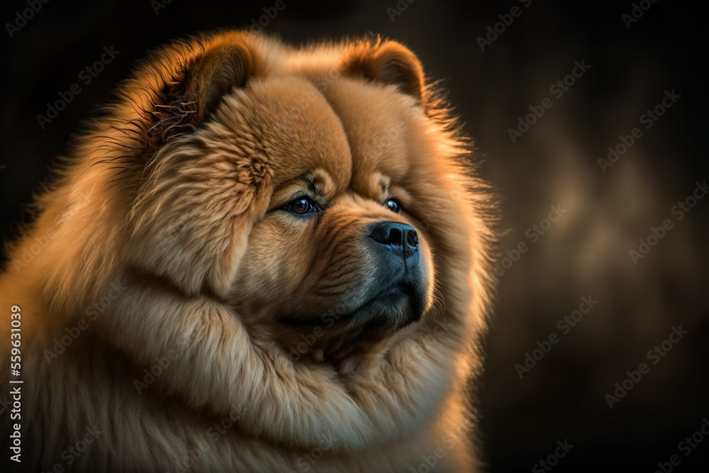 Chow Chow portrait outside in the golden hour at the park. Furry and cute just chilling and contemplating. 