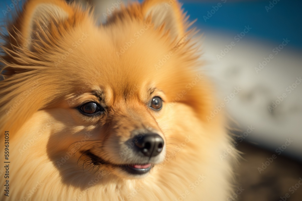 A portrait of a furry German Spitz outdoors. Happy and attentive look.