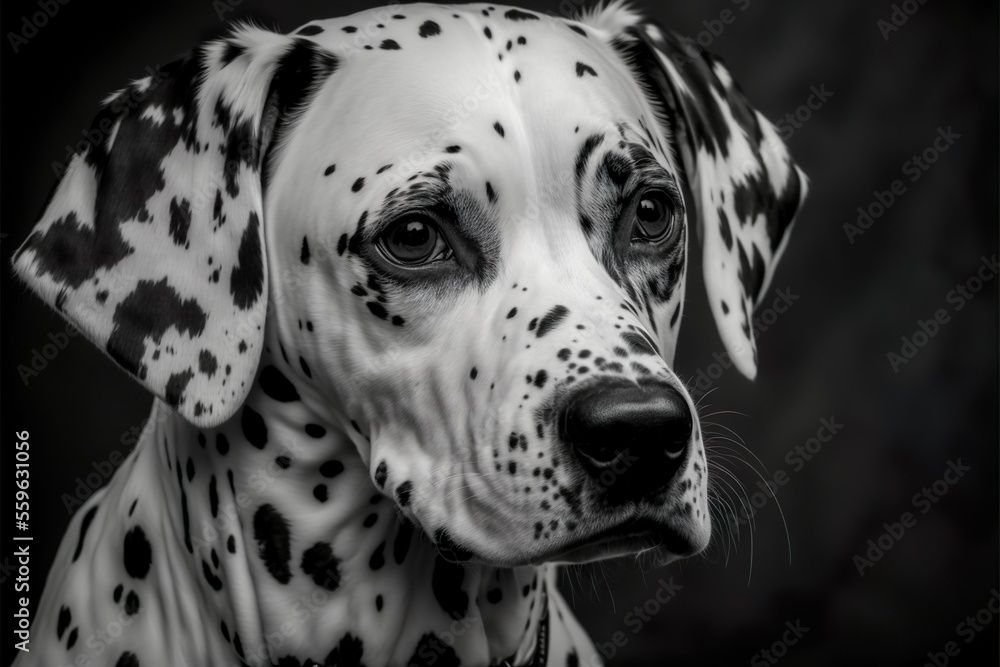 Dalmatian puppy black and white portrait. Shy and tender look. Adorable.