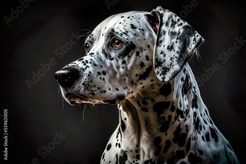 Dalmatian portrait in the studio. Curious and attentive look. Beautifully spotted.