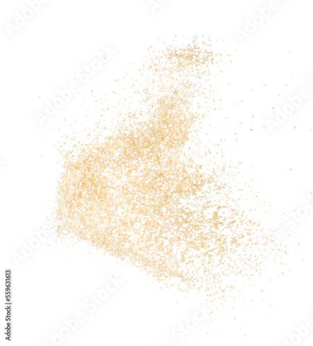 White Sesame seeds flying explosion, White grain wave floating. Abstract cloud fly splash in air. Sesame seed is material food. White background Isolated high speed shutter, freeze stop motion photo