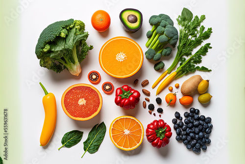 Fruit  vegetable  papaya  superfood  and leafy vegetable on a white backdrop represent a range of clean  healthy foods. Generative AI