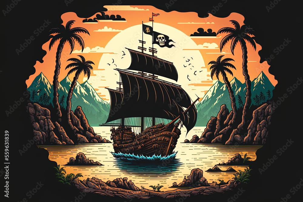 Fototapeta premium a pirate ship with skull shaped flag and black sails. Generative AI