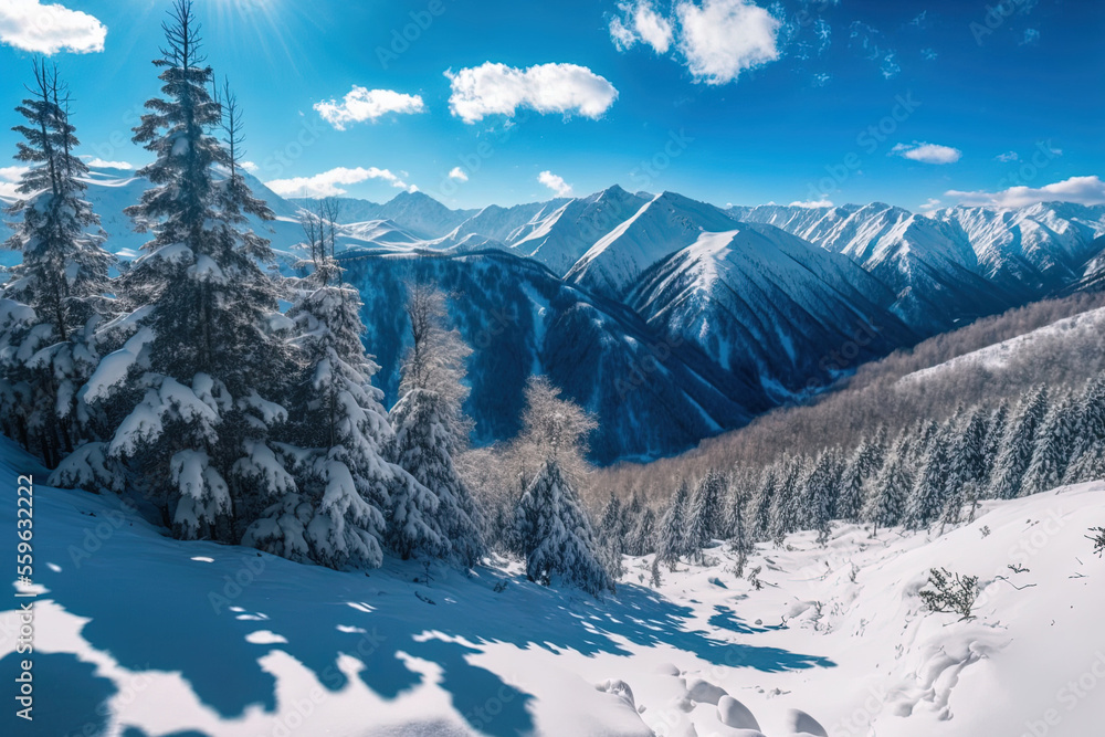 Beautiful Caucasus Mountains in Russia panorama with mountains, snow, and woodland on a beautiful winter day. Generative AI