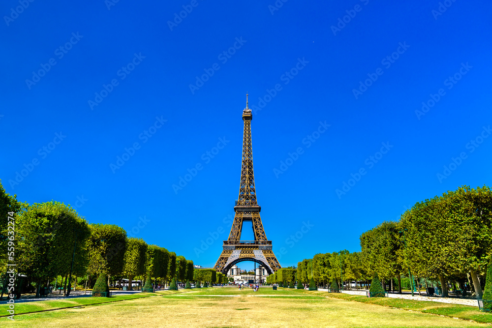 Fototapeta premium Eiffel Tower on the Champ de Mars in Paris. Major tourist attraction in France