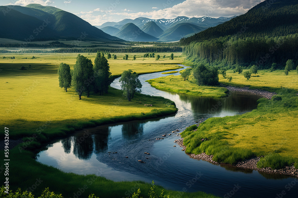 Obraz premium Beautiful panoramic image of a river and grassy farmland next to mountains. Generative AI