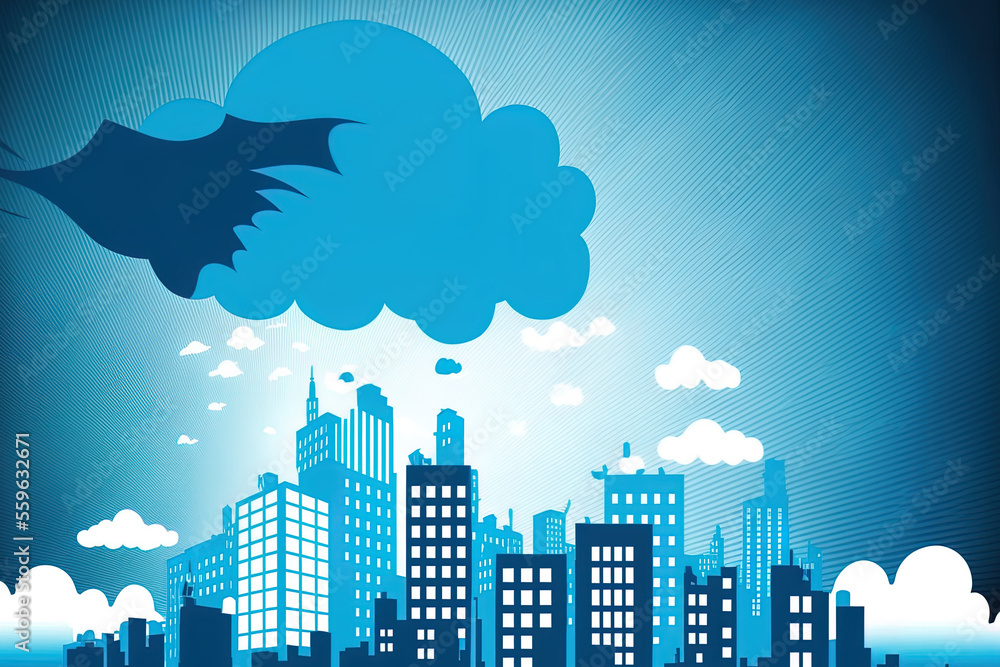 Comical blue background with a cloud and city silhouette. Generative AI