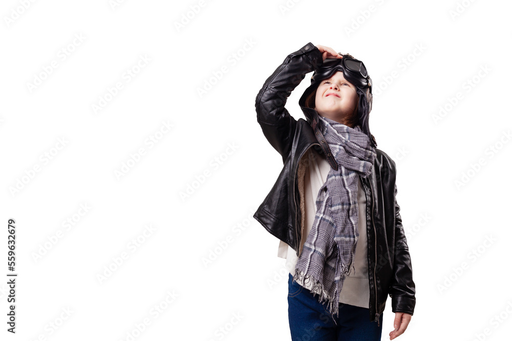 cute girl in helmet and glasses playing aviator isolated on white background cute girl in helmet and glasses playing aviator isolated on white background