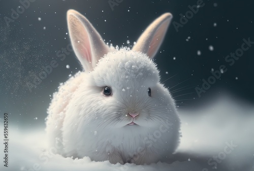 illustration of cute white fur rabbit with nature background in winter season