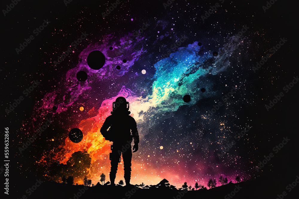 Obraz premium Background of a galaxy in color with an astronaut. Generative AI
