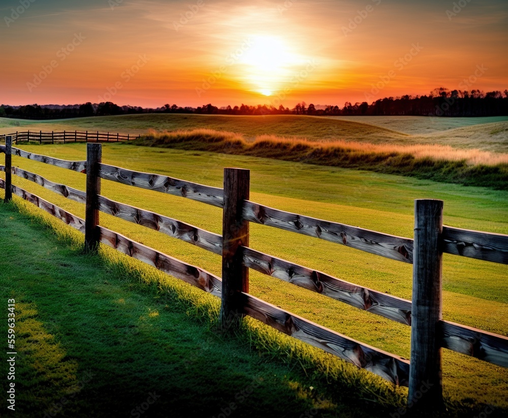 sunset over a field of wheat and trees with fences, agriculture, background, beautiful, blue, cloud, clouds, country