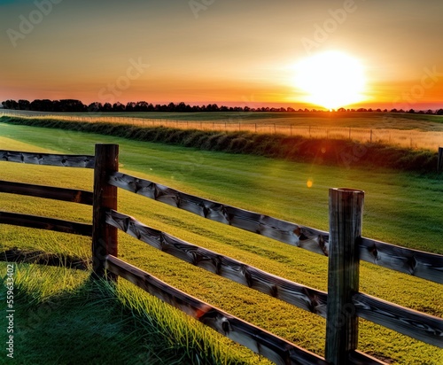 sunset over a field of wheat and trees with fences, agriculture, background, beautiful, blue, cloud, clouds, country