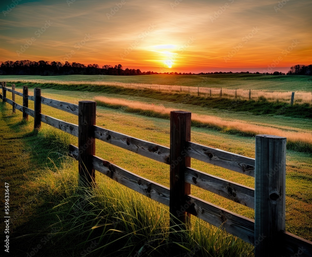 sunset over a field of wheat and trees with fences, agriculture, background, beautiful, blue, cloud, clouds, country