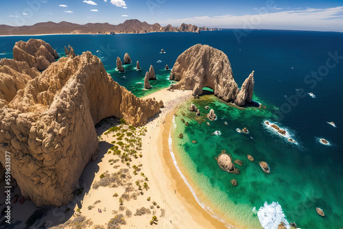 Aerial image of Lands End, the southernmost point of the Baja California peninsula, and El Arco de Cabo San Lucas, Baja California Sur, Mexico. Generative AI photo