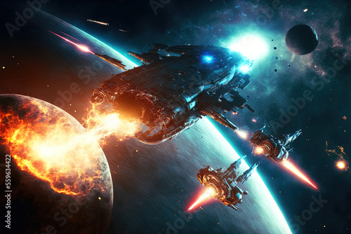 Print op canvas Space combat between battle cruisers and spacecraft with laser fire, sparks, and explosions A military installation is being attacked by space fighters
