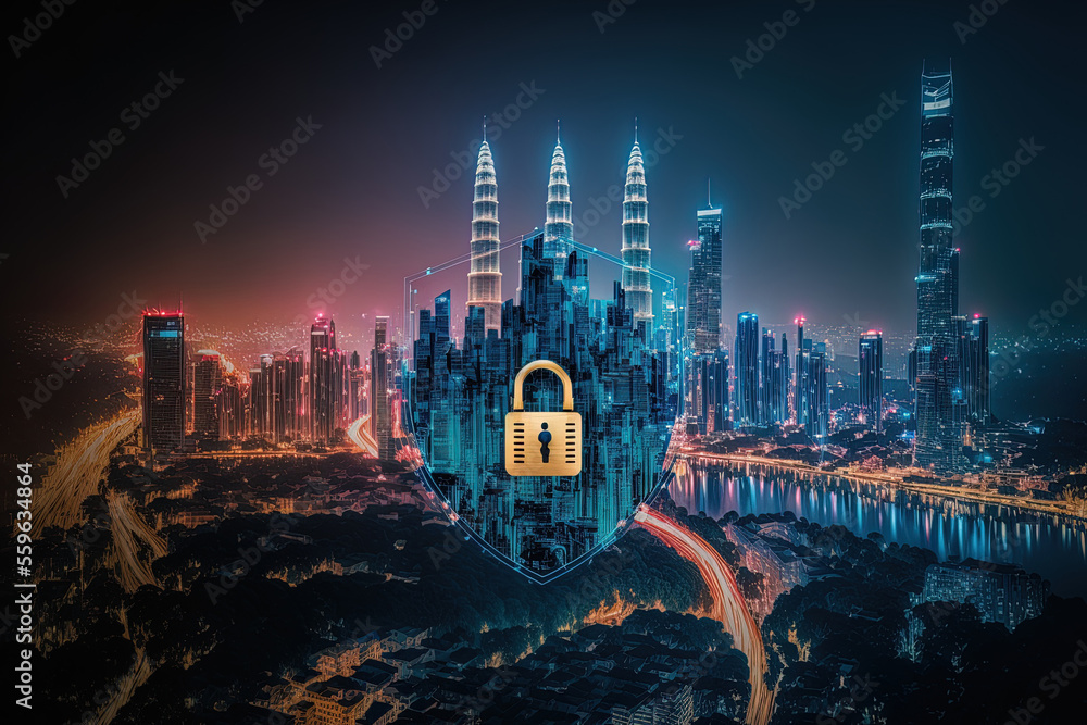 Obraz premium To defend company Malaysia Asia the idea of information security shields, a padlock icon hologram is displayed on a road billboard above a panoramic city view of Kuala Lumpur at night. Generative AI