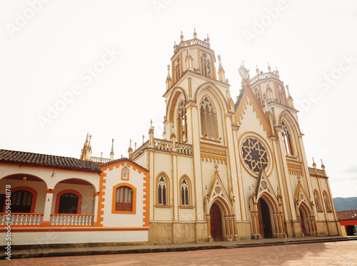 Colombia. The main plaza houses and church. Cathedral in Boyaca, Colombia.