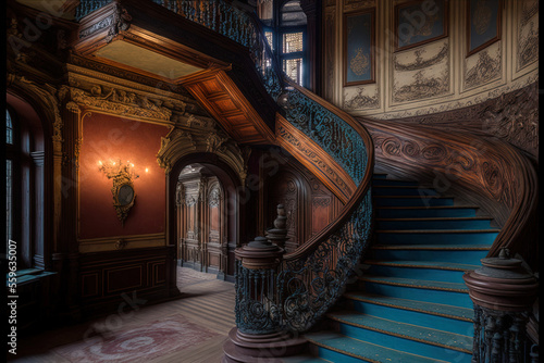 LVIV, Ukraine FEBRUARY 13, 2021 The House of Scientists, once the Noble Casino. The majestic mansion's interior has an elaborate wooden staircase and fireplace. Generative AI