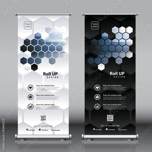 Roll up banner design with hexagon shapes artwork hexagon patterns and image. Editable black and white color vertical template vector set, modern standee and flag banner