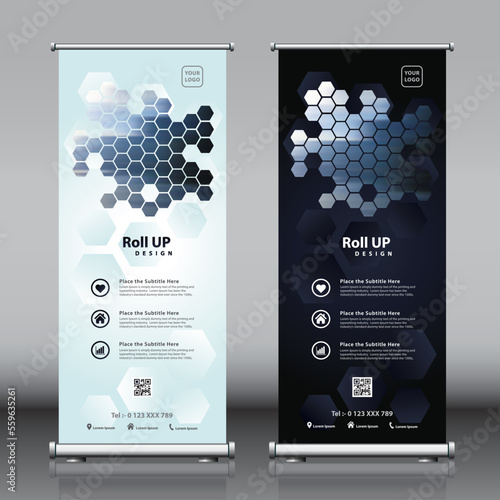 Roll up banner design with hexagon shapes artwork hexagon patterns and image. Editable vertical illustration template vector set, modern standee and flag banner