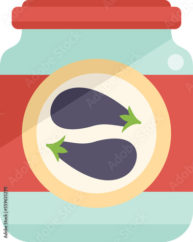 Canned eggplant icon flat vector. Food pickle. Vegetable jar isolated