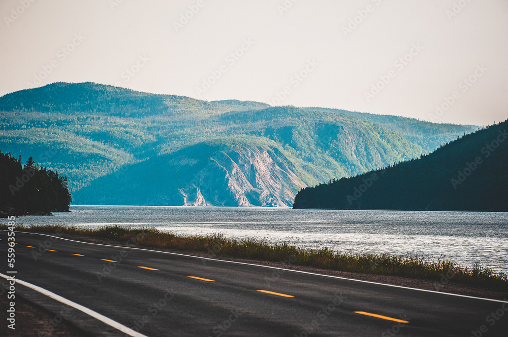 Scenic mountains, road, and water in Newfoundland, Canada Scenic mountains, road, and water in Newfoundland, Canada
