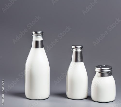 white and gray milk bottle with a glass of water on a dark background