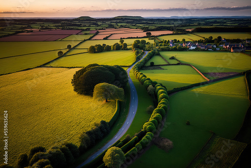 Aerial image of French Brittany's meadows and agricultural areas. Gorgeous French landscape with lush meadows and pastures. rural setting at dusk. Generative AI