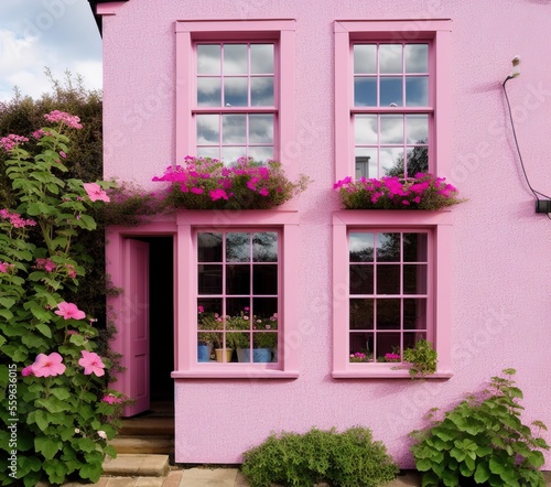 pink house with beautiful window in a garden with a white wall