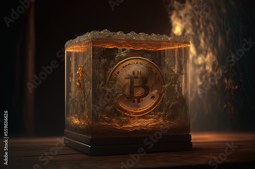 Bitcoin digital currency blockchain concept on a wooden background in a transparent box. Generative AI.