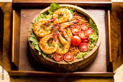A salad and tomatoes are arranged in a wooden dish with deep fried shrimp. Generative AI