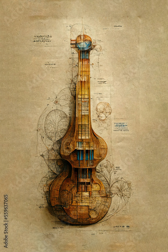 Ukulele blueprint musical instrument, an illustration created with Generative AI artificial intelligence technology © Nikita