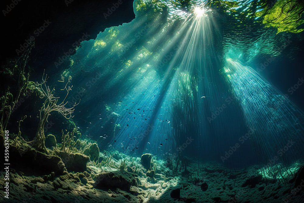 Mexican cenotes underwater, underwater light rays, and cave diving backdrop. Generative AI
